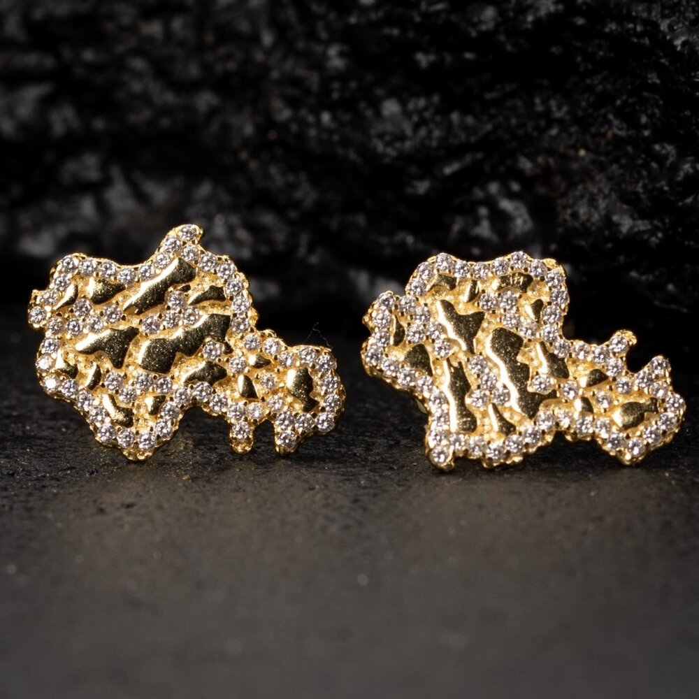 Iced Cz Yellow Gold 925 Sterling Silver Screw Back Post Nugget  Hip Hop Earrings
